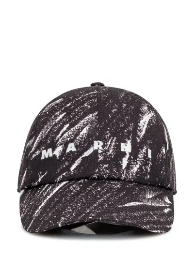 Marni Brim Curve Pattern Print Hats In Black