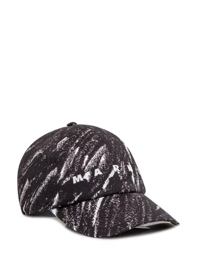 Marni Brim Curve Pattern Print Hats In Black