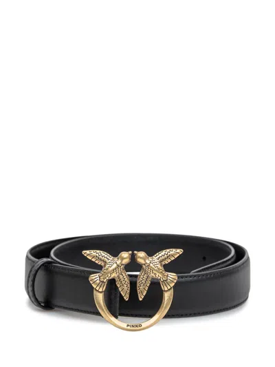 Pinko Black Belt With Love Birds Diamond Cut Detail In Hammered Leather Woman In Black