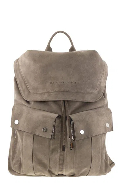 Brunello Cucinelli Suede Backpack In Grey