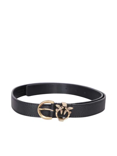 Pinko Black Belt With Love Birds Diamond Cut Detail In Hammered Leather Woman In Black