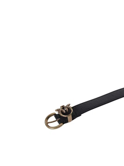 Pinko Black Belt With Love Birds Diamond Cut Detail In Hammered Leather Woman In Black