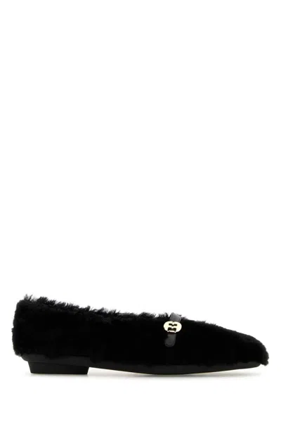 Ferragamo Shearling Texture Ballerinas With Gold-tone Hardware In Black