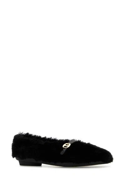 Ferragamo Shearling Texture Ballerinas With Gold-tone Hardware In Black