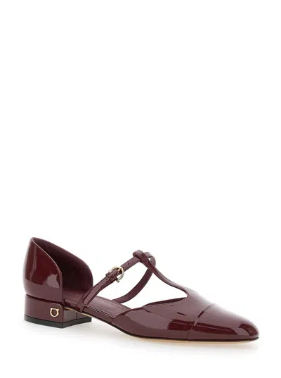 Ferragamo 'lainette' Bordeaux Ballet Shoes With T-strap And Round Toe In Red