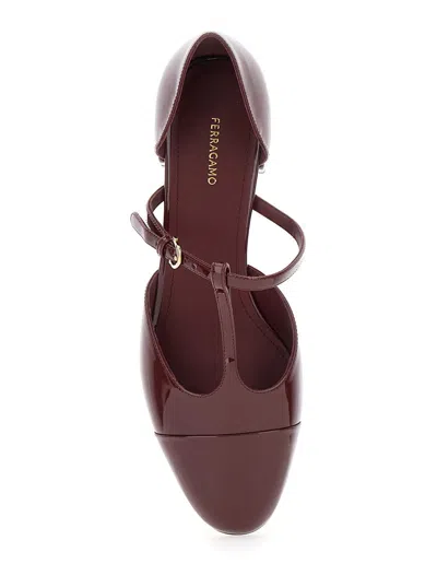 Ferragamo 'lainette' Bordeaux Ballet Shoes With T-strap And Round Toe In Red
