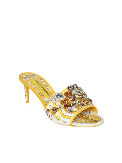 Dolce & Gabbana Keira 60 Majolica Print Crystal Embellished Mules In Yellow
