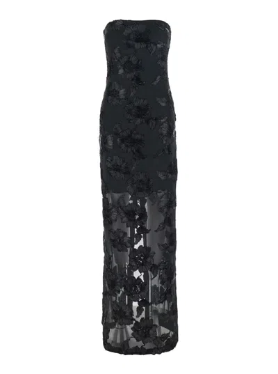 Rotate Birger Christensen Floral Mesh Strapless Maxi Dress In Black