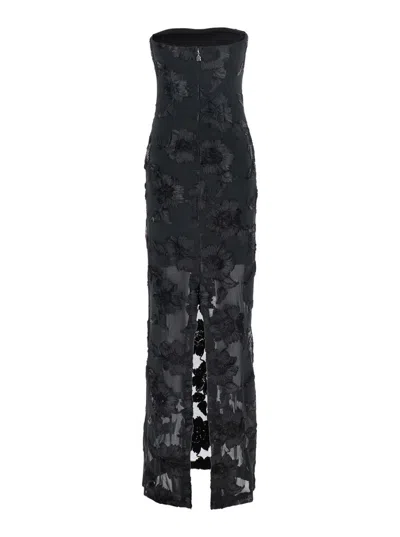 Rotate Birger Christensen Floral Mesh Strapless Maxi Dress In Black