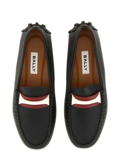 Bally Textured Leather Driver Loafers With Contrast Stripe In Black