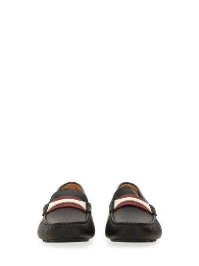 Bally Textured Leather Driver Loafers With Contrast Stripe In Black