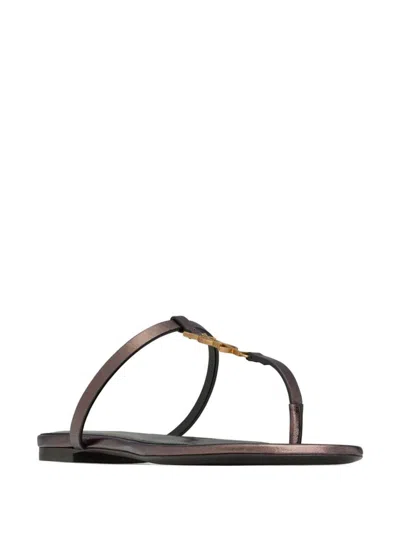 Saint Laurent Cassandra Leather Ysl Thong Sandals In Brown