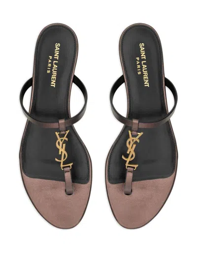 Saint Laurent Cassandra Leather Ysl Thong Sandals In Brown