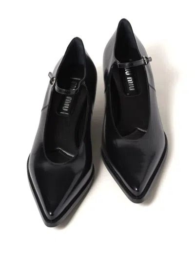 Miu Miu 35 Mary-jane Pumps In Brushed Leather In Black