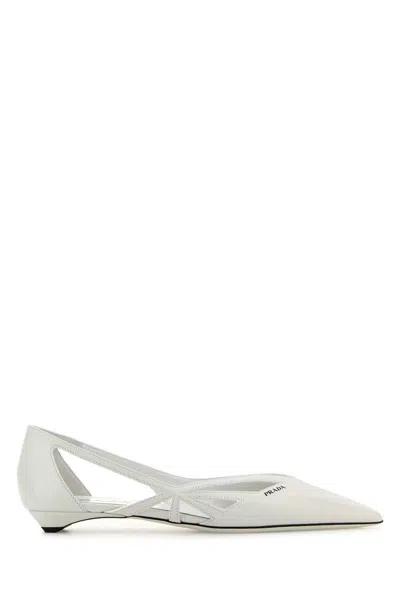 Prada Leather Ballerinas With Cut-out Design And Pointed Toe In White