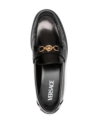 Versace Medusa Chain Leather Loafers In Black