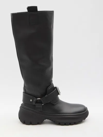 Burberry Leather Buckled Tall Boots In Black