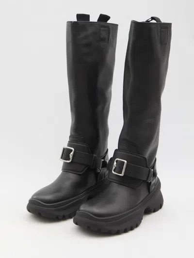 Burberry Leather Buckled Tall Boots In Black