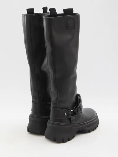 Burberry Leather Buckled Tall Boots In Black