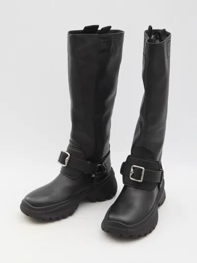 Burberry Leather Buckled Tall Boots In Black