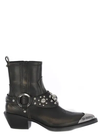 Pinko Tex Distressed Cowboy Ankle Boots  In Black