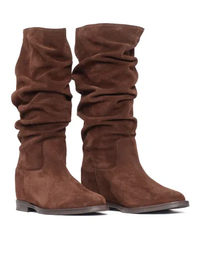 Via Roma 15 Suede Ruched Boots In Gray