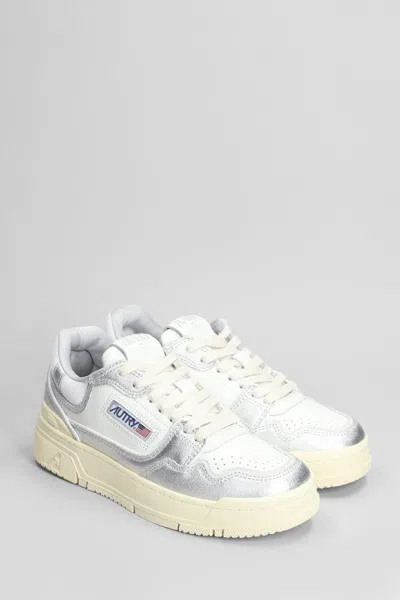 Autry Silver And White Low Top Sneakers With Logo Patch In Metallic Leather Woman In White