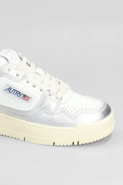 Autry Silver And White Low Top Sneakers With Logo Patch In Metallic Leather Woman In White
