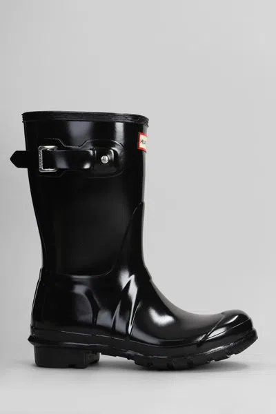 Hunter Original Short Gloss Low Heels Boots In Black Rubber/plasic In Black