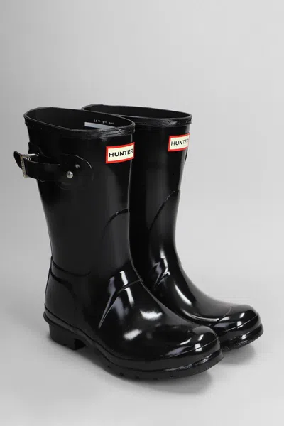 Hunter Original Short Gloss Low Heels Boots In Black Rubber/plasic In Black