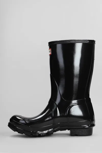 Hunter Original Short Gloss Low Heels Boots In Black Rubber/plasic In Black