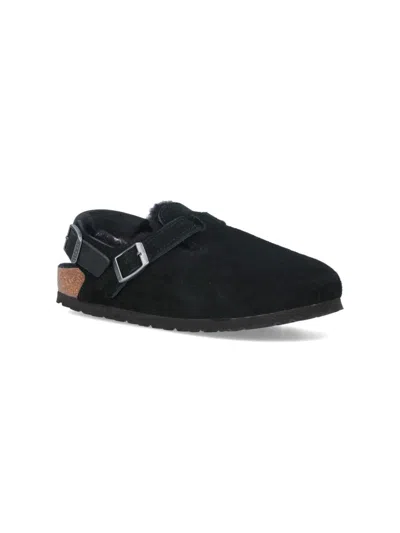 Birkenstock Buckle Cork Open Suede Mules In Black
