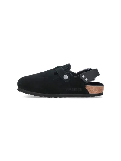 Birkenstock Buckle Cork Open Suede Mules In Black