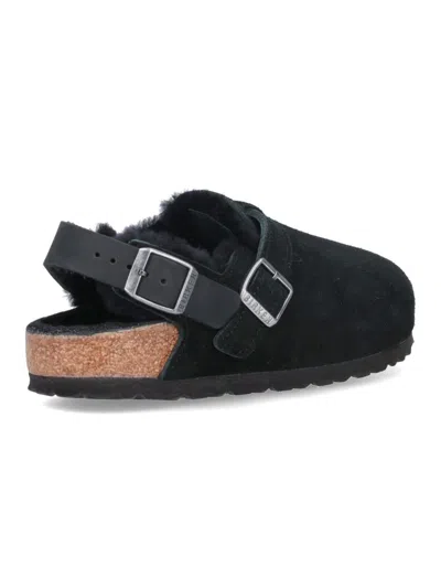 Birkenstock Buckle Cork Open Suede Mules In Black