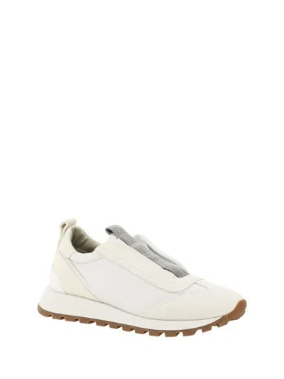 Brunello Cucinelli Women Slip On Sneakers In Leather And Fabric In Neutral