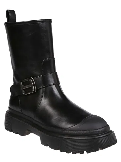 Hogan H619 Leather Biker Boots In Black