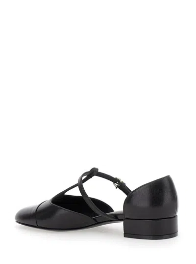 Ferragamo 'lainette' Black Ballet Shoes With T-strap And Round Toe In Black