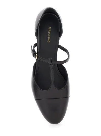 Ferragamo 'lainette' Black Ballet Shoes With T-strap And Round Toe In Black