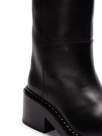 Prada Leather Square-toe Tall Moto Boots In Black