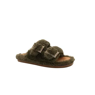 Alibi Greta Double-buckle Eco-fur Slippers In Green
