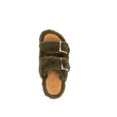 Alibi Greta Double-buckle Eco-fur Slippers In Green