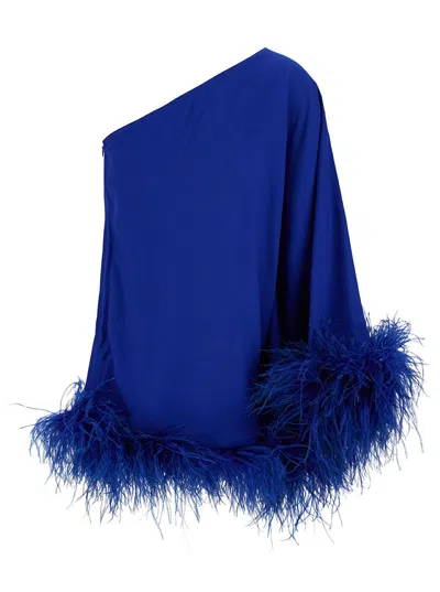 TALLER MARMO 'UBUD' MINI BLUE ONE-SHOULDER DRESS WITH FEATHER TRIM IN ACETATE BLEND WOMAN 