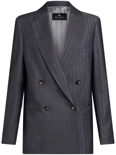 Etro Grey Oversized Double-breasted Jacket With Wide Revers In Blue