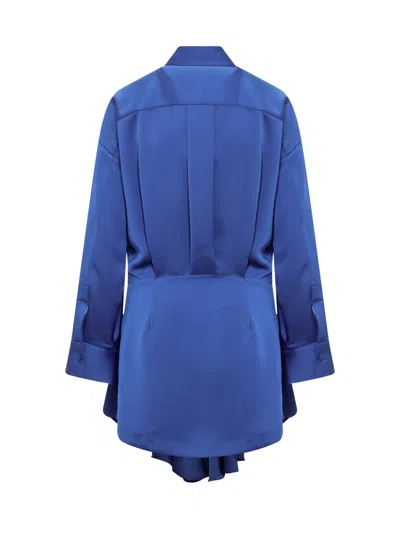 Attico Tartan Candice Pleated Satin Mini Shirt Dress In Blue Polyester In Blue