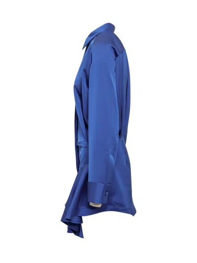 Attico Tartan Candice Pleated Satin Mini Shirt Dress In Blue Polyester In Blue