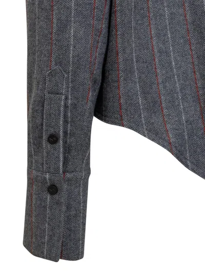 The Mannei Utility Pockets Heringbone Motif Toledo Overshirt In Grey