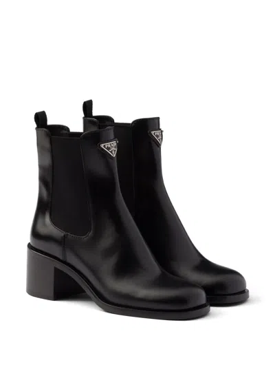 Prada Brushed Leather Ankle Boots In Black