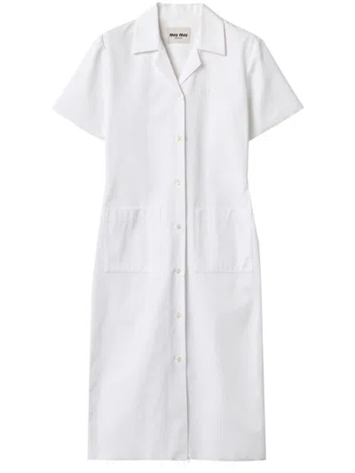 Miu Miu Short-sleeve Poplin Button Down Midi Dress In White