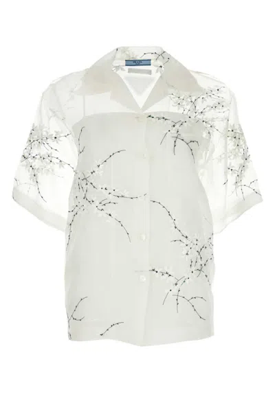 Prada Silk Blend Sheer Shirt With Floral Embroidery In White