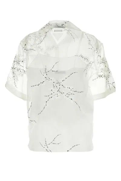 Prada Silk Blend Sheer Shirt With Floral Embroidery In White
